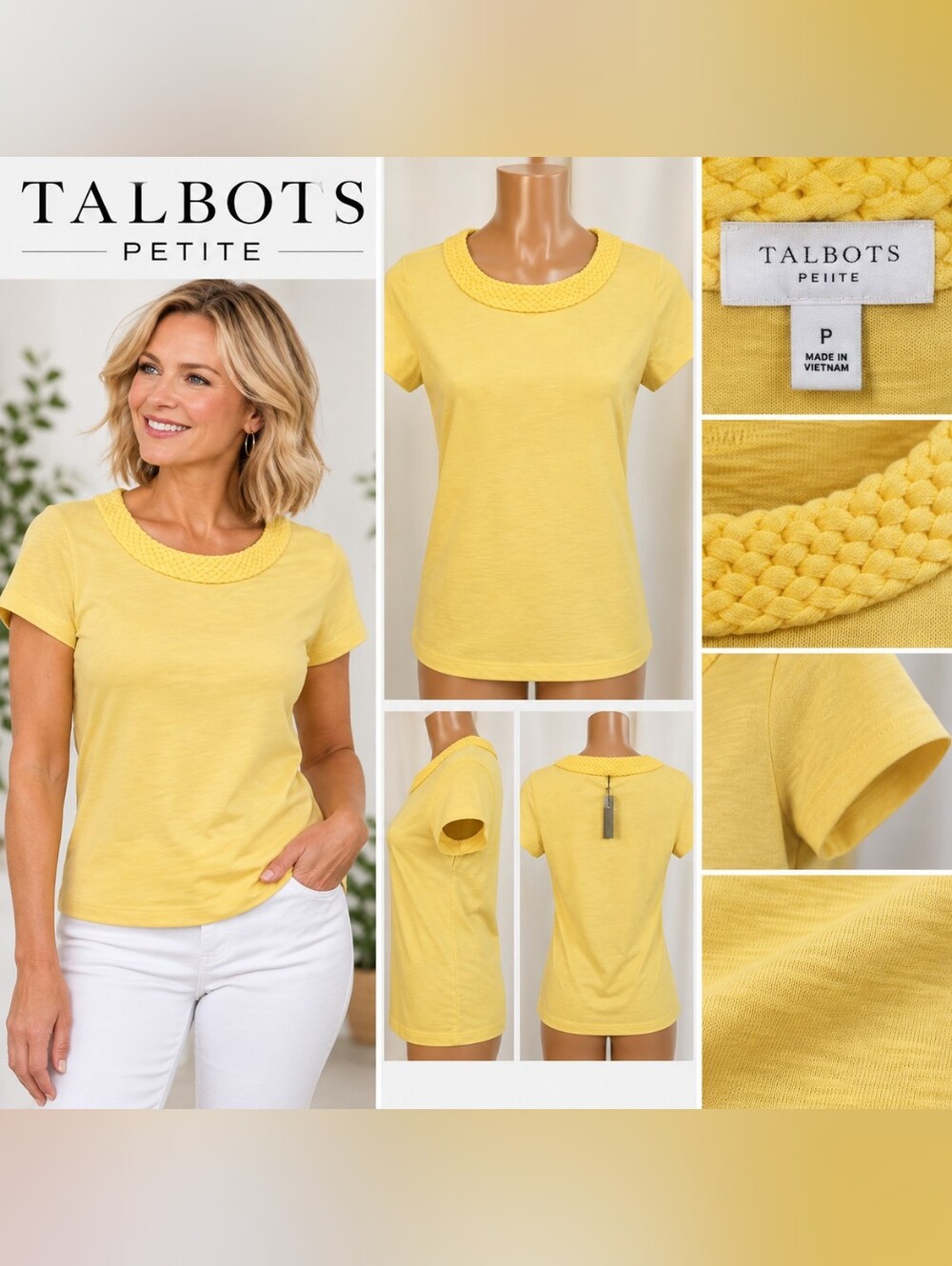 Talbots Yellow Short Sleeve Top with Braided Crew Neck